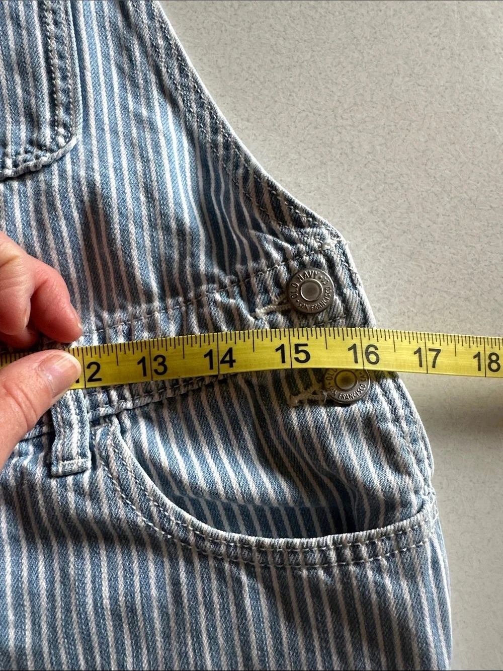Old Navy Girls’ Blue and White Railroad Striped Raw Hem Short Overalls